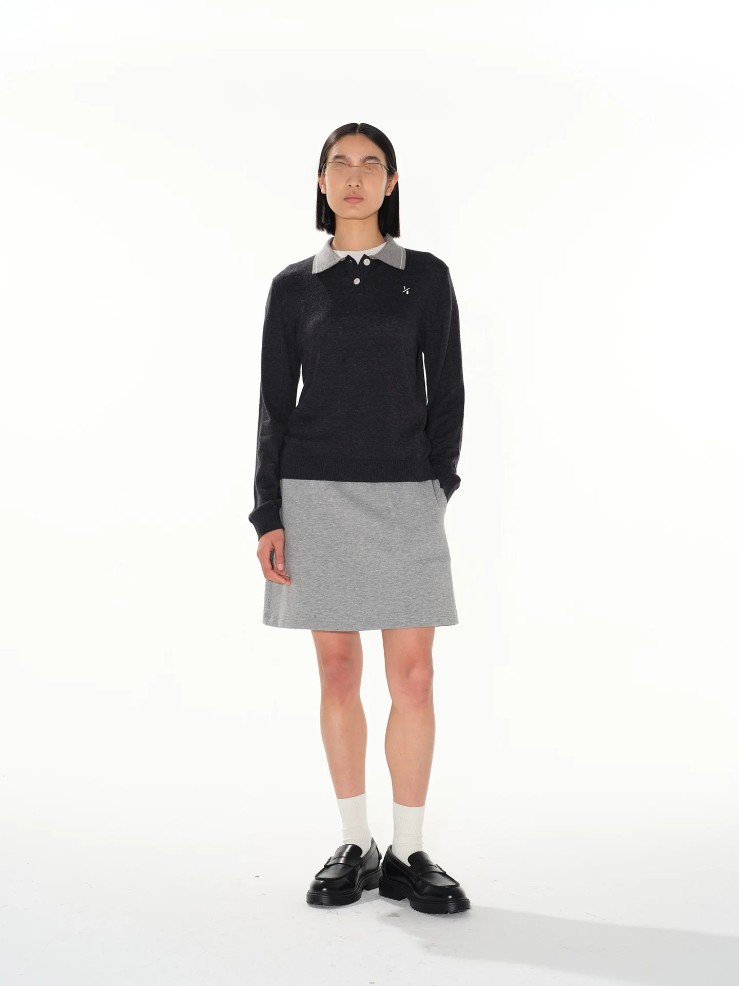 

Studio1till8 Grey Contrast Stitched Striped Collar Shirt Women's College Style Long Sleeve Overhead Soft Cotton Top