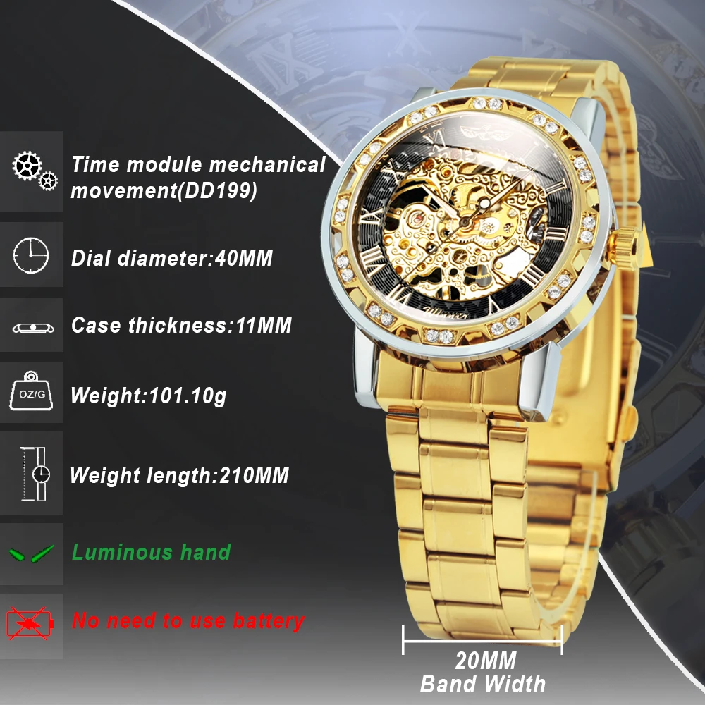 WINNER Unisex Classic Skeleton Mechanical Watch for Men Luxury Retro Iced Out Black Gold Watches Stainless Steel Strap Luminous