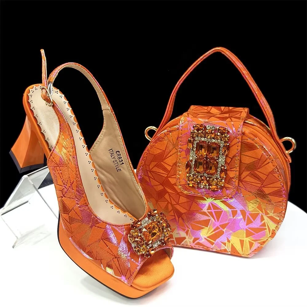 

Nigeria PU With Crystal Party Woman Shoes And Bag Set New Orange Color High Heels 8.5CM Shoes And Bag To Match Set For Wedding