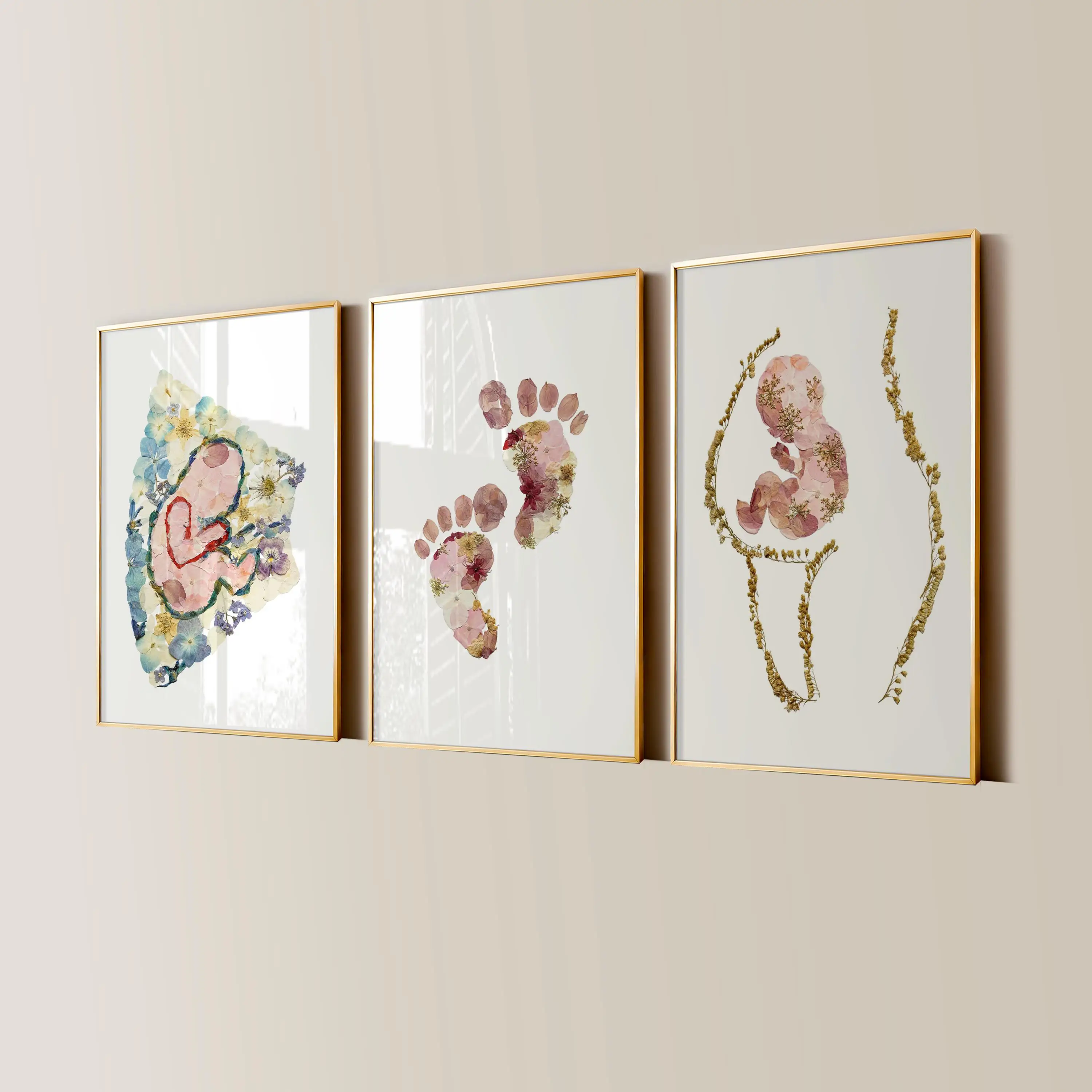 3pcs Creative 2D Floral Maternity Posters with Newborn Footprints  Frameless Canvas for Children's Room Decor Mother's Day Gifts