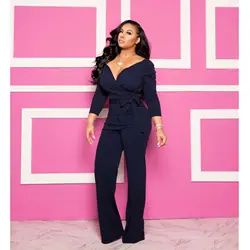Fashion Women's Skinny Solid Color Jumpsuit Casual Long Sleeve V-Neck Lace-up Slim Jumpsuit Elegant Women's Straight Leg Pants