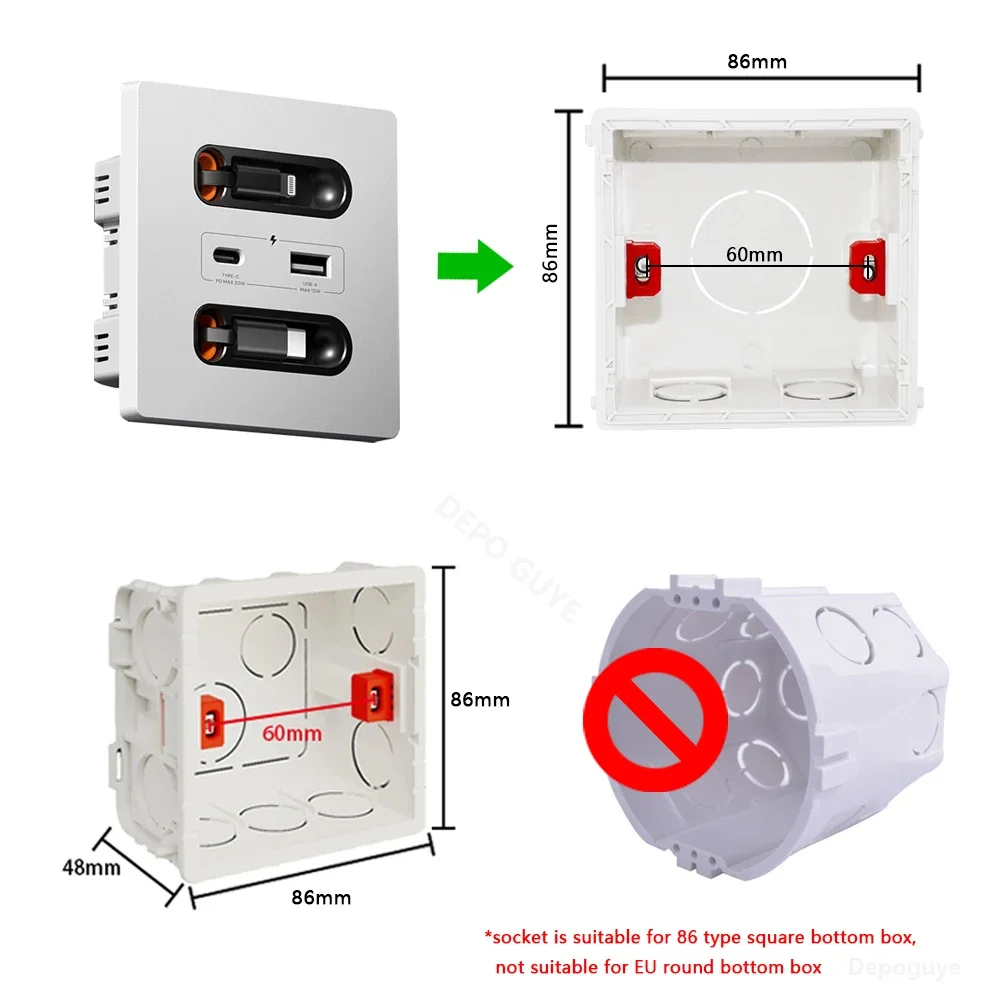 Universal Smart Socket With Charging line 20W Fast Charge USB C Port PC Power Wall Panel,Mobile phone charging Type C Outlet