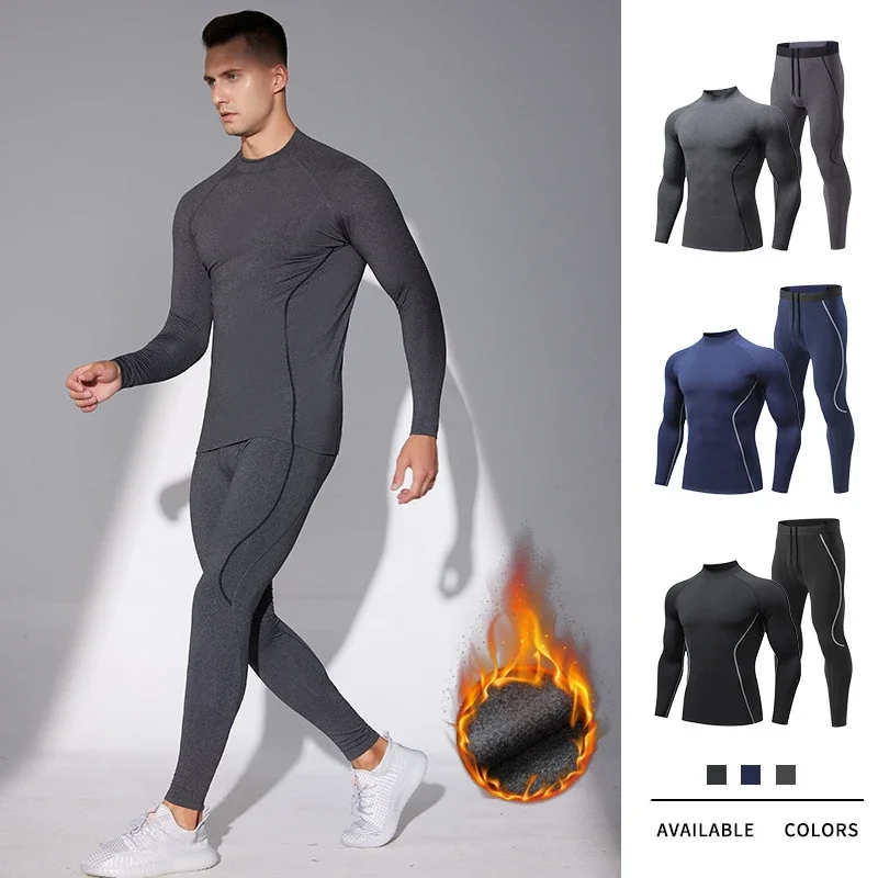 Training Set Men Fitness Long Sleeve Fleece Tights Sports Suit Gym Running Compression Jogging Thermal Underwear Sportswear Set