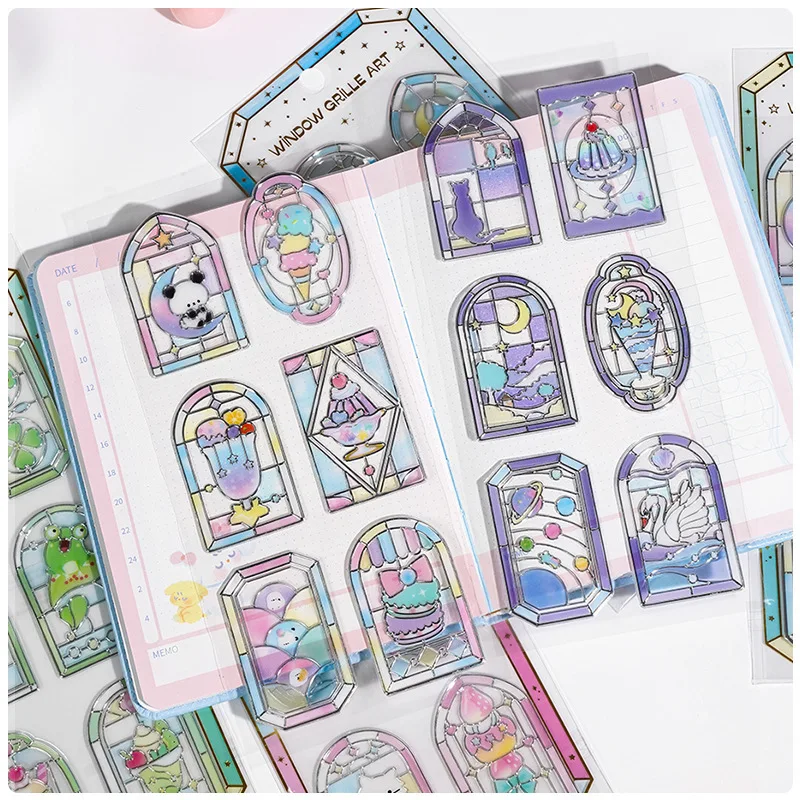 1sheet 6style 3D Relief Japanese Kawaii Stained Glass Windows Dessert Series DIY Cute Aesthetic Stickers for Scrapbooking