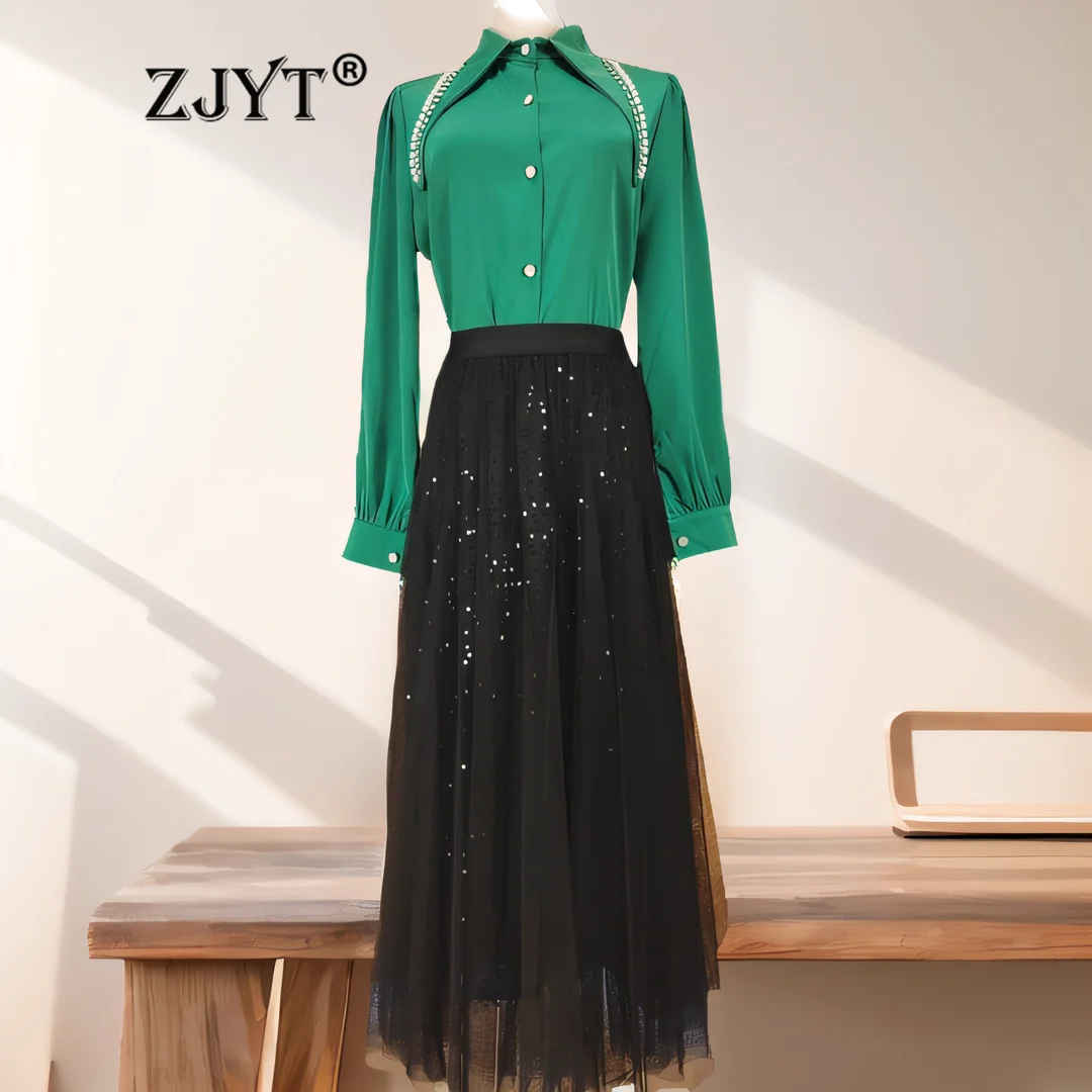 ZJYT Long Sleeve Beading Blouse and Sequined Mesh Skirt Set 2 Piece Womens Outfits Spring Suit Office Lady Midi Dress Sets 2024