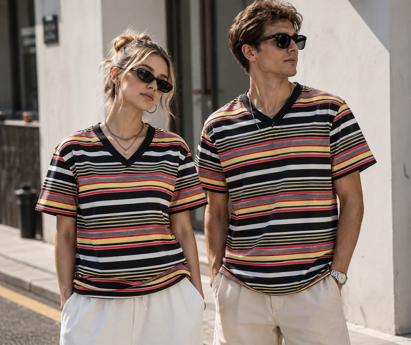 2026 Family Matching V‑Neck T‑Shirt 90s Retro Boho Vibrant Striped Color Block Y2K Streetwear Loose Casual Outfit Kids Adults