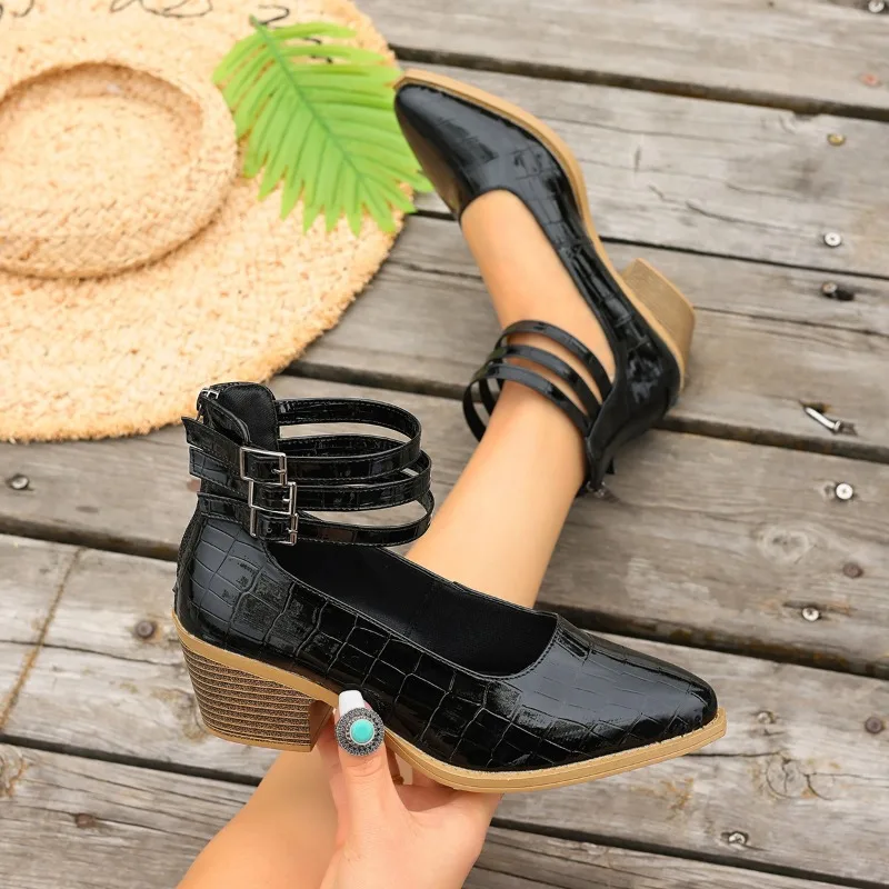 

2026 New Retro Women's High Heel Pumps Point Toe Square Heel Ankle Strap Pumps Narrow Bands Back Zip Up Casual Women Shoes