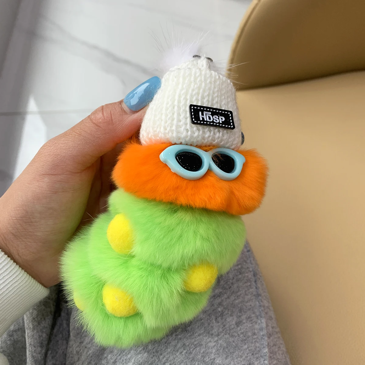 Cute Colorful Plush Caterpillars Keychain With Sunglasses Soft Rabbit Fur Animal Pompom Pendant With key Rings For Women Handbag