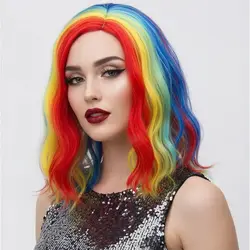 MSIWIGS Blue and Yellow Red Stitching Wavy Short Synthetic Wigs for Women's Hair Multi Color Cosplay Wig Heat Resistant