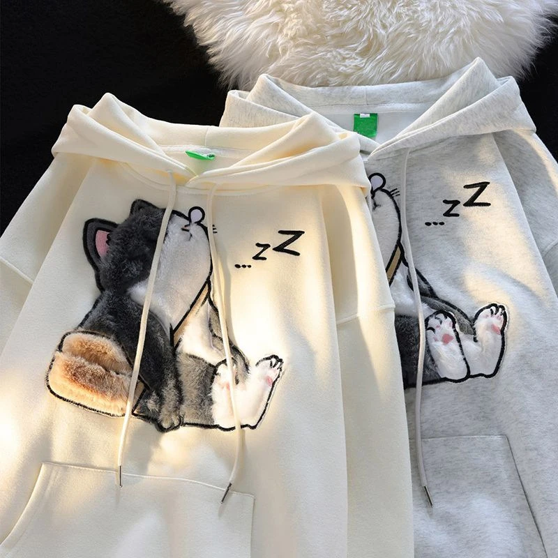 2024 Japanese Korean Retro Autumn Winter Embroidery Print Cat Pullover Cute Cartoon Hoodies Women Girl Couples Student Clothes