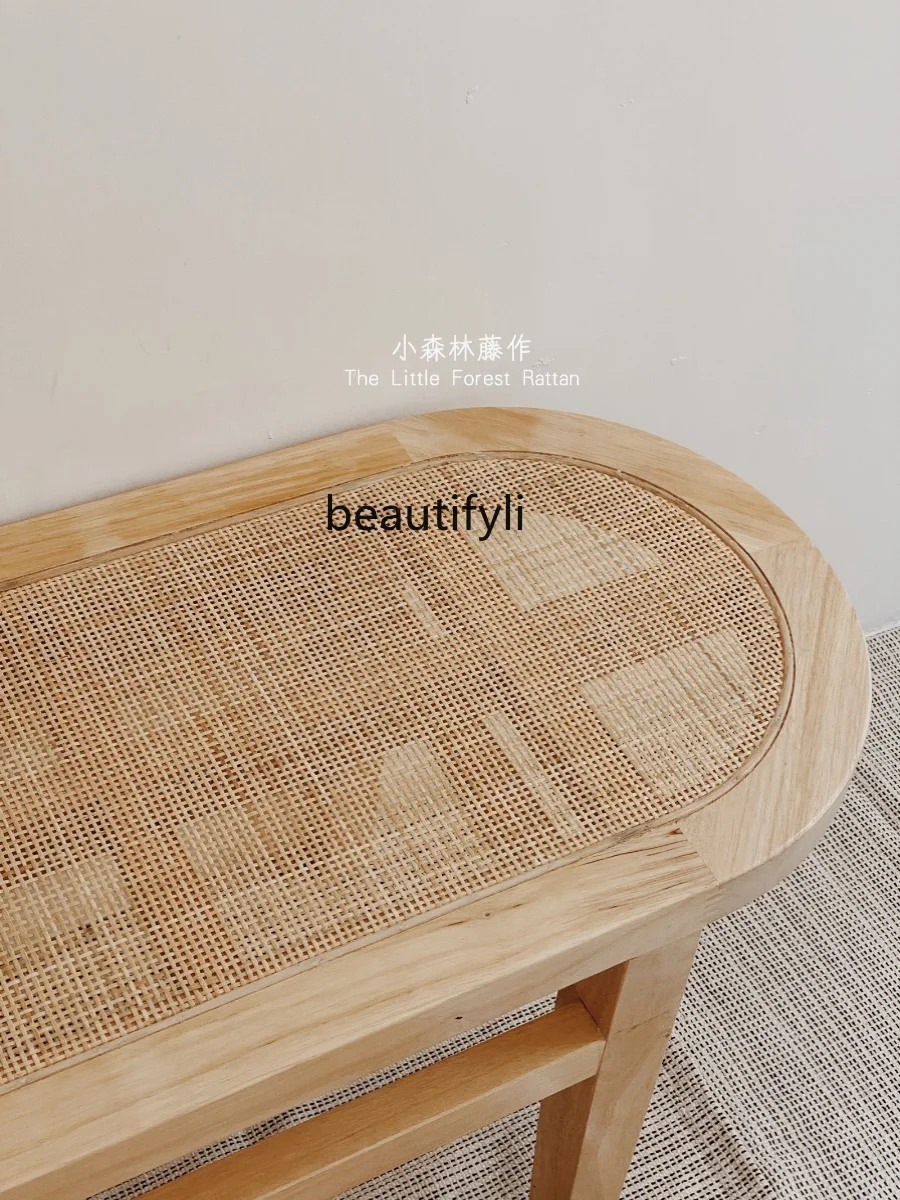 Rattan Solid Wood Bench Japanese-Style Household Dining Table Bed Woven Log Shoes Changing Rest Bench