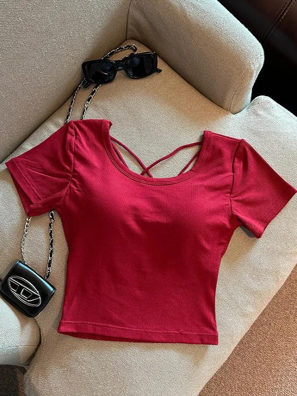 Summer Short Sleeve T-Shirt Women's Slim Fit Back Hollow out Design Unique Exquisite Top Korean Style Commute Fashion