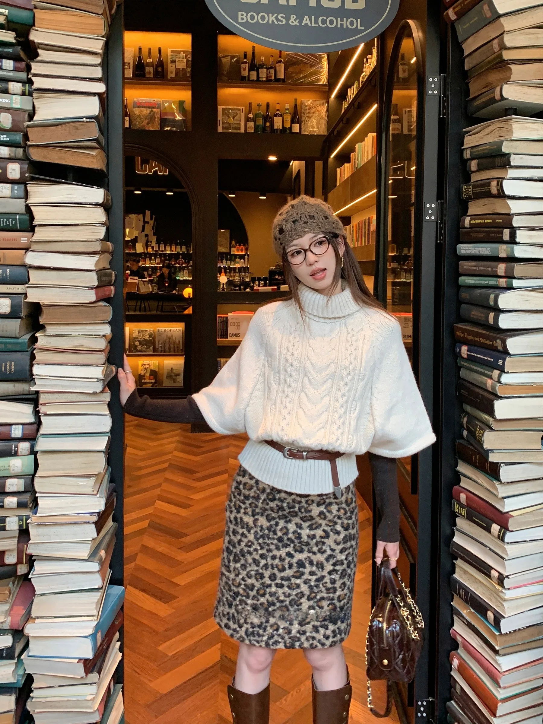 

Sam Seoi Leopard Print Faux Fur f Skirt Winter High Waist Flower Bud Sle Double Version Mid-Length Women's Skirt