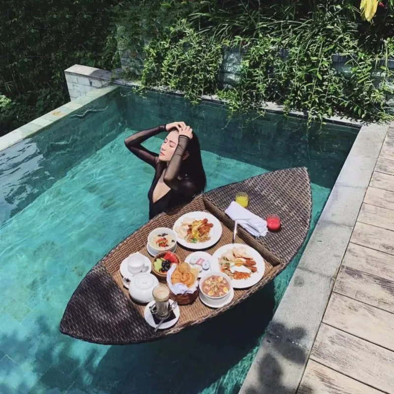 Internet celebrity afternoon tea rattan basket Bali water float breakfast tray B & B villa pool float tray