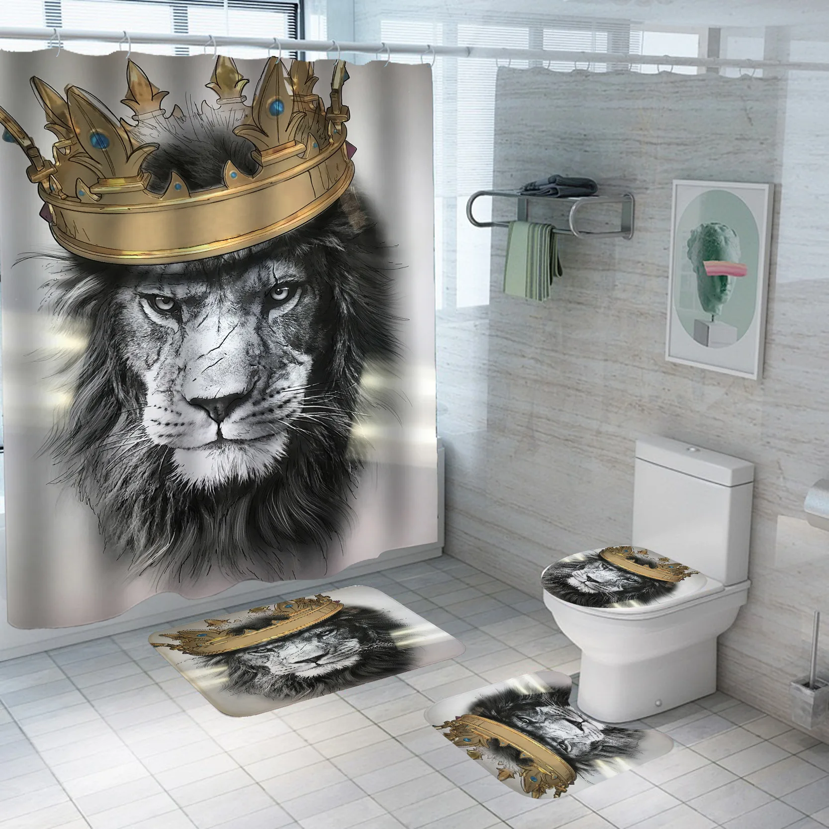 Crown Lion King 3D Luxury Bathroom Curtains Shower Curtain Set for Bathroom Modern Geometric Bath Rug Decor