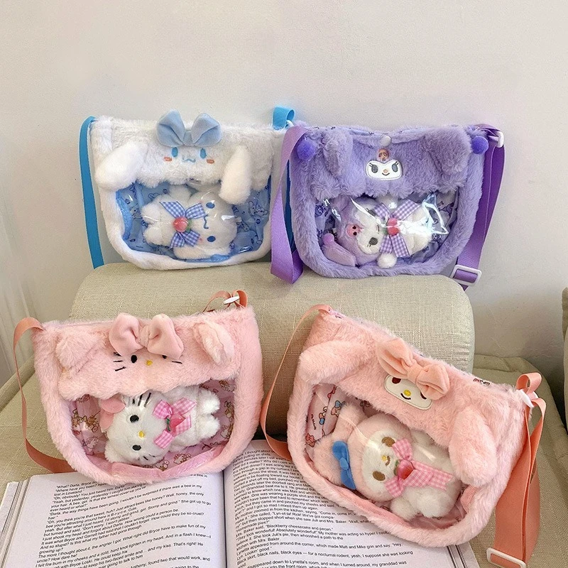 

2026 New Sanrio Kawaii Hello Kitty Plush Crossbody Bag Cartoon Cinnamoroll Kuromi Melody Doll Bag Children's Festival Gift