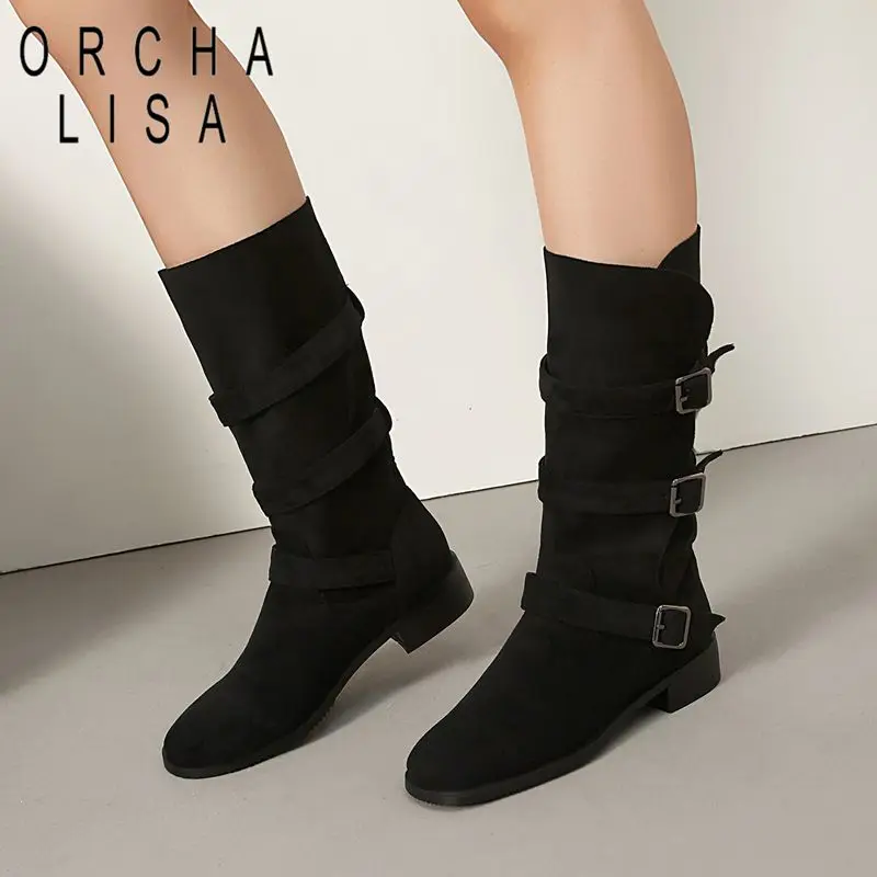 

ORCHA LISA Горячие абрикосовые женские сапоги до середины икры с круглым носком, толстая подошва 3 см, пряжки из флока, замша, большой размер 44 45 46, отдых на осень