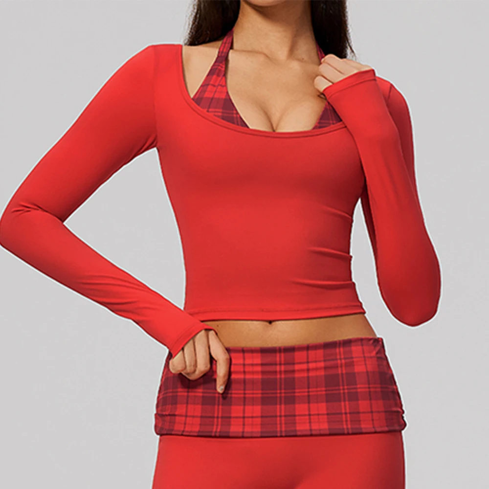 Stripe Fake Two Piece Yoga Long Sleeve Fitness Shirt Top Women Polka Dot Halter Active Shirts Breathable Workout Sports T-Shirt