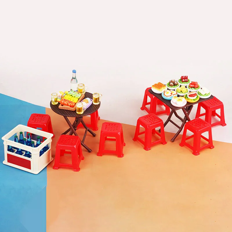 1 Juego de accesorios de modelo de juguete en miniatura para casa de muñecas 1:12, decoración de muebles, taburete de mesa plegable, comedor, casa de muñecas