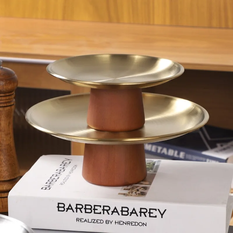 

1pcs Gold Stainless Steel Fruit Dessert Tray with Solid Wood Stand High Foot Candy Plate for Living Room Coffee Table Home Use