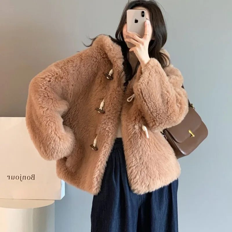 

Women's Hooded Lamb Wool Coat, Faux Fur Coat, Short Outwear, Thick, Warm, Casual, Monochromatic, Female Fashion, Winter, 2024