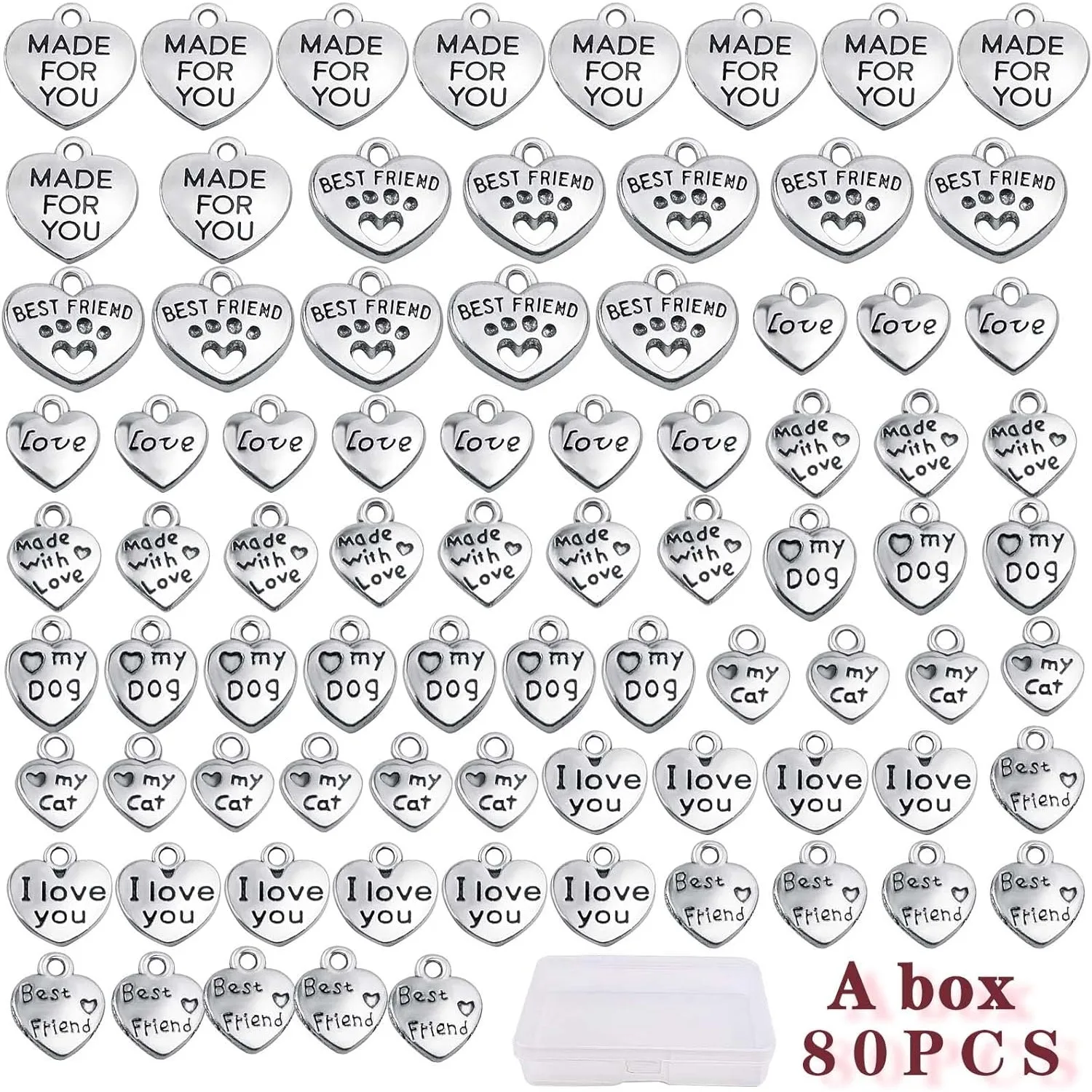 80 قطعة صغيرة على شكل قلب كلمة سحر سبيكة محفورة مع رسالة مختلفة كلمة استرخى المعلقات للمجوهرات قلادة سوار ذاتي الصنع