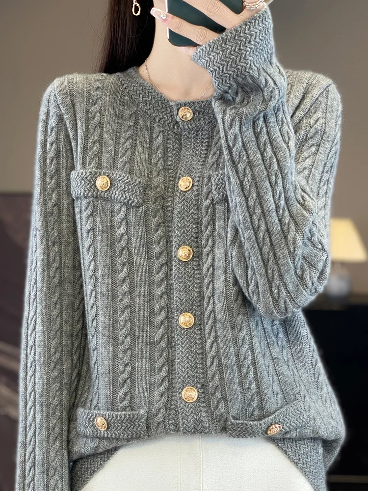 المرأة الدافئة الخريف الشتاء سميكة 100% ميرينو الصوف محبوك سترة أزرار سترة عادية فضفاض س الرقبة كابل Stitc الملابس القمم #3