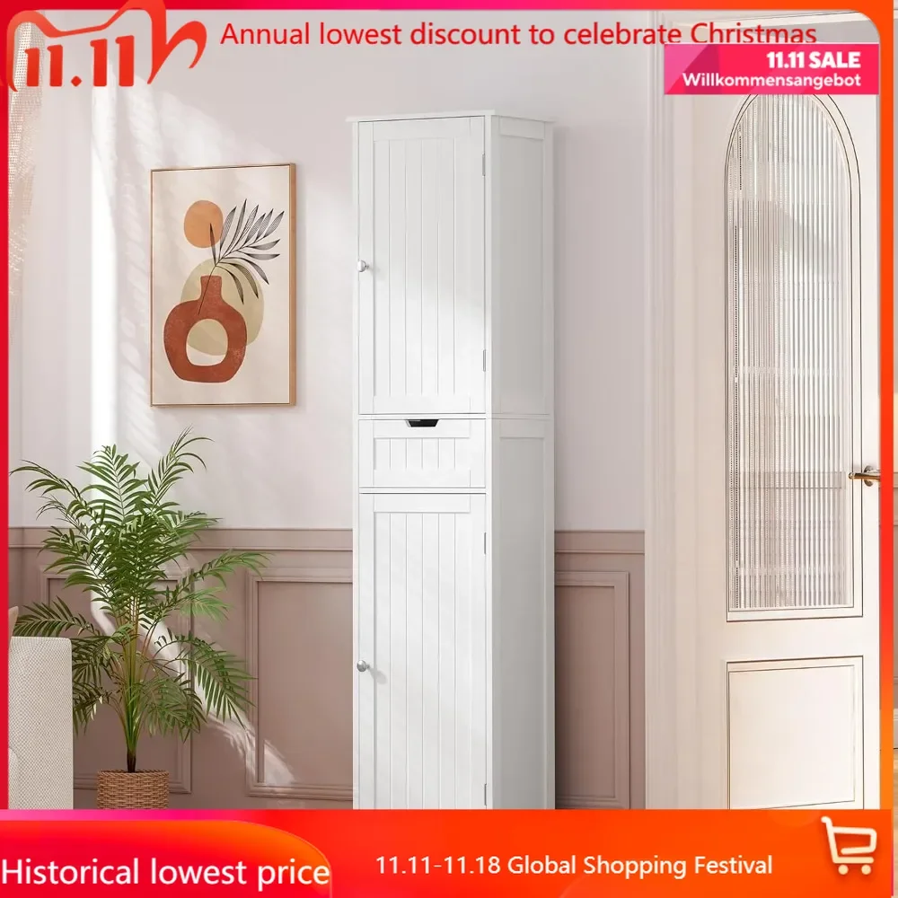 

Tall Bathroom Cabinet, Storage Cabinet with 2 Doors & 1 Drawer, Freestanding Linen Cabinet with Adjustable Shelves, Floor