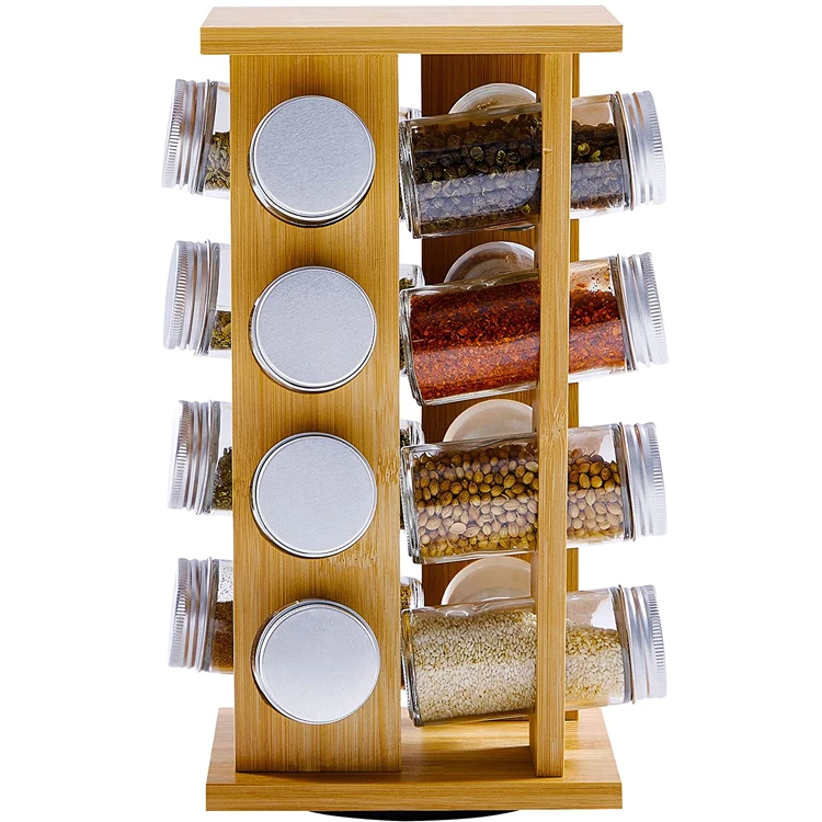 Kitchen CountertopBamboo Rotating Spice Organizer Turntable Seasoning Storage Rack Wooden Rotating Spice Rack with Jars