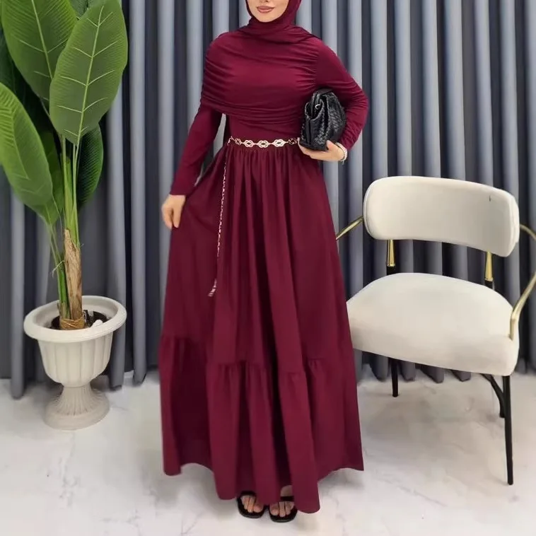 Vestido largo de mujer de moda nueva primavera-verano 2026 con fruncido, manga larga, cintura entallada, corte en A y gran vuelo, que realza el temperamento.