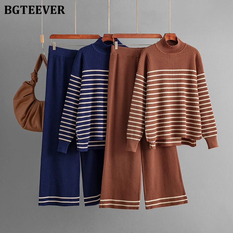 

BGTEEVER Casual Warm Loose Female 2 Pieces Sweater Set Long Sleeve Striped Pullovers Female Wide Leg Pants Autumn Winter Outfits