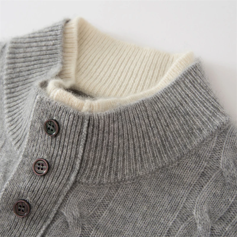 Men's 100% Cashmere Knitted Sweater High Neck Thick Pullover Autumn Winter Color-Block Casual Versatile Half-Length Neck Design.