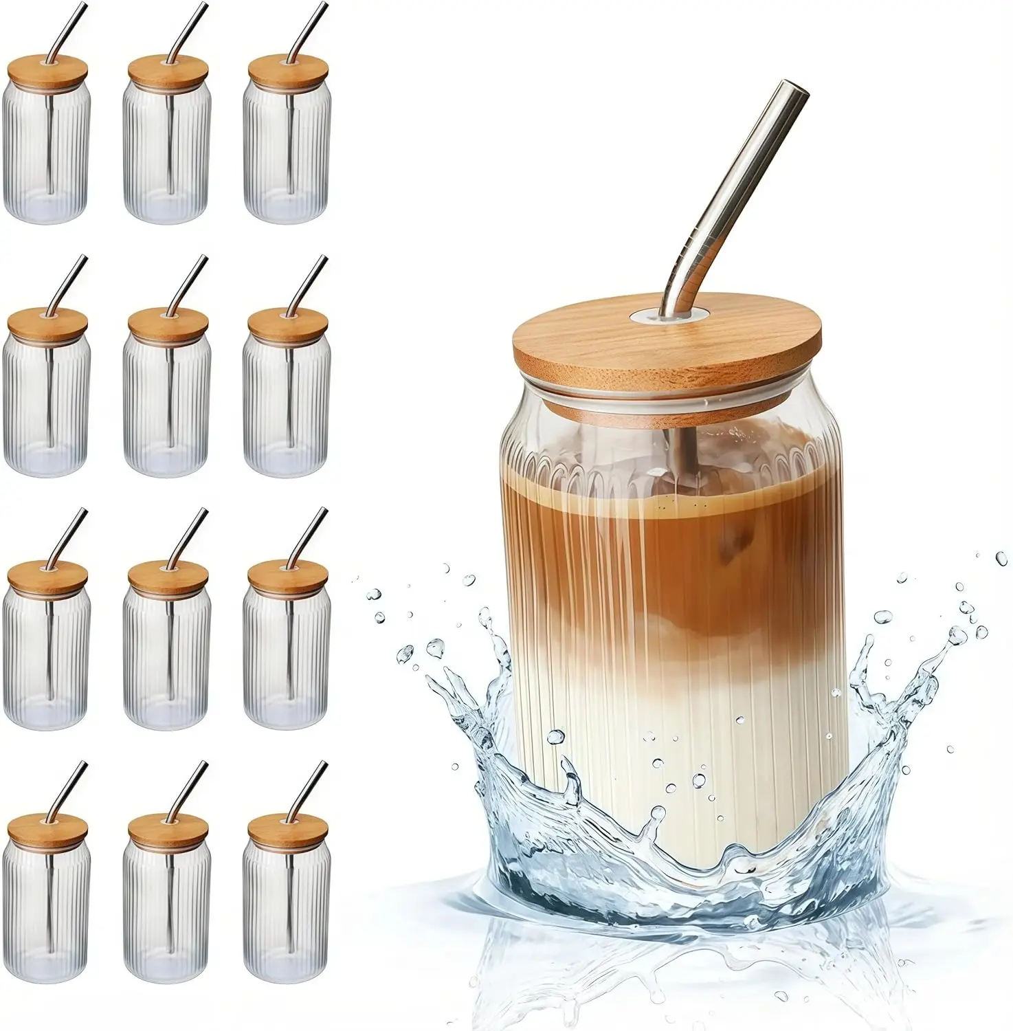 

Набор из 12 ребристых стеклянных стаканов с крышкой и соломинкой, 16 унций, милые стаканы для холодного кофе, для дома, бара, кухни