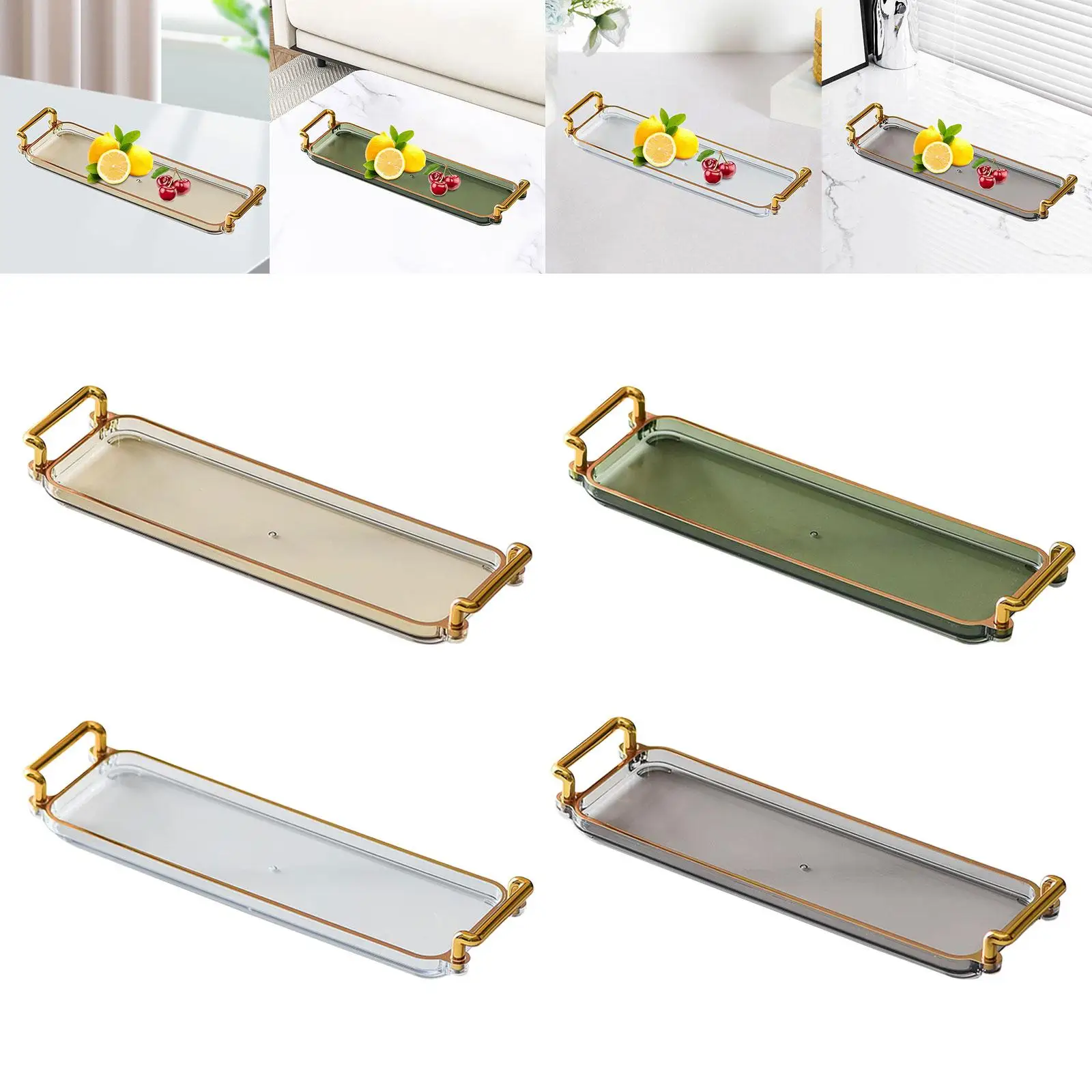 Rectangular Plastic Serving Tray with Handle for Snacks Fruit Jewelry Storage Vanity Mirror Tray Home Organizer Decorative