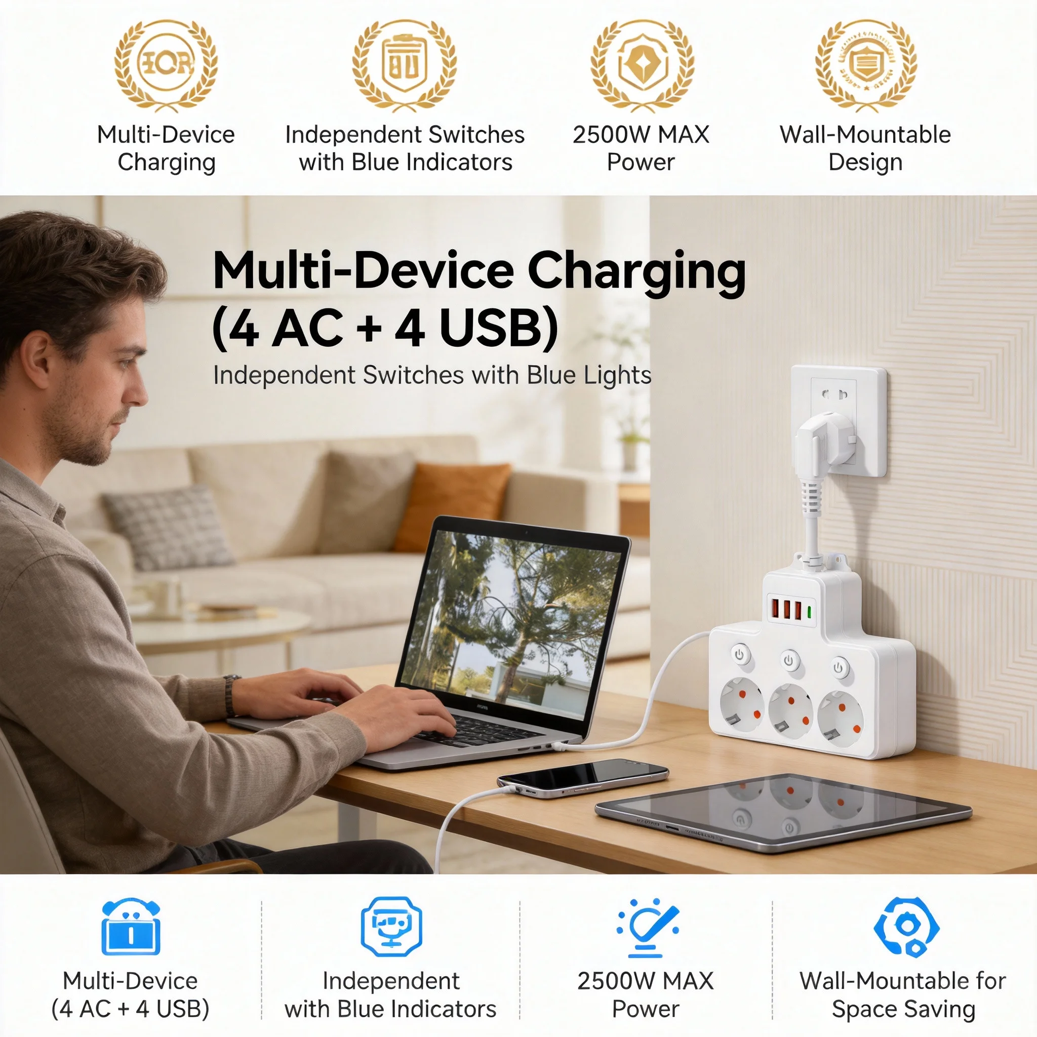 FUNAYA EU Multi Outlet Power Strip with USB Type-c Surge Protector with Individual Switches Extension Cord for Home Office