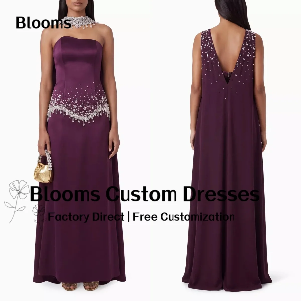 Customized Purple Satin Strapless Formal Evening Dress Crystal Beaded Waist Deep V Back Elegant Party Dress A Line Floor Length