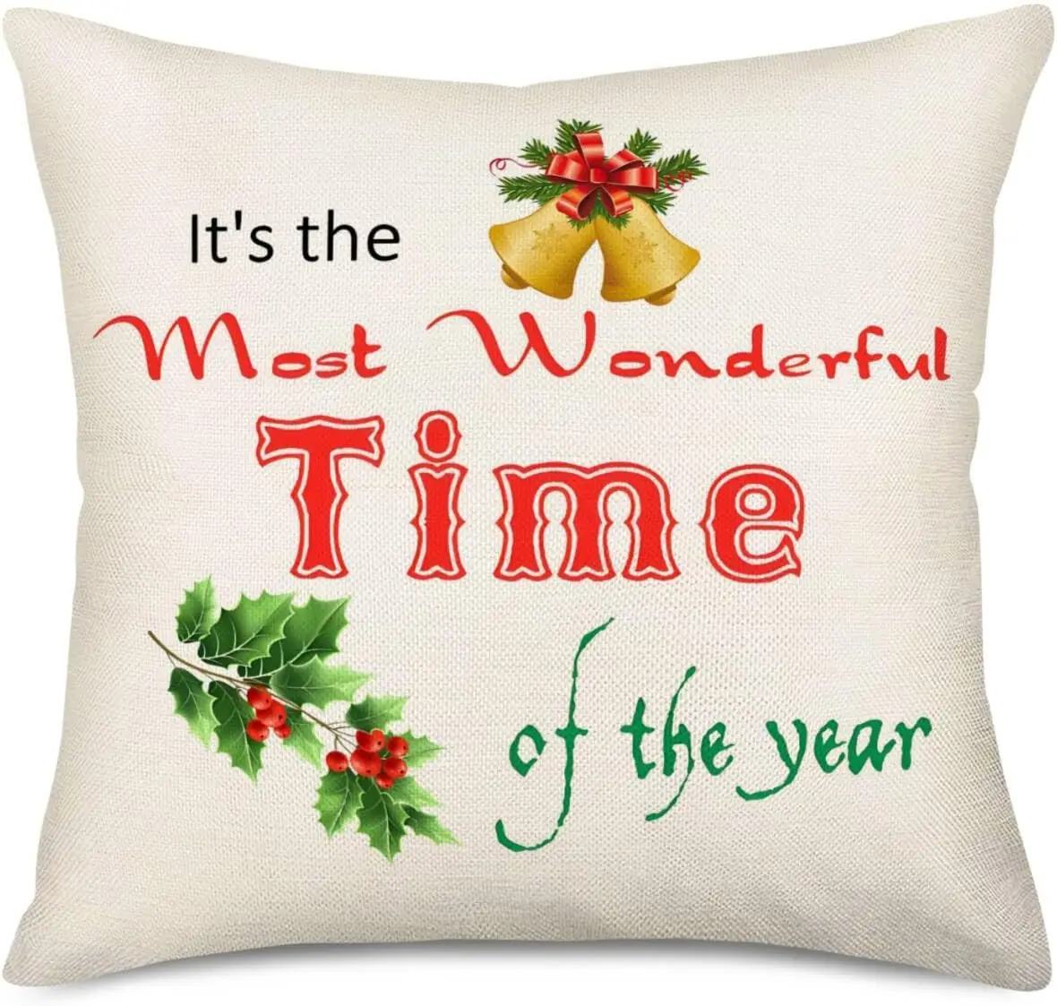 Farmhouse Merry Bright Christmas Pillow Covers 18”x18” Set of 4 Red and Green Quotes Xmas Mistletoe Holly Leaves Jingle Bells