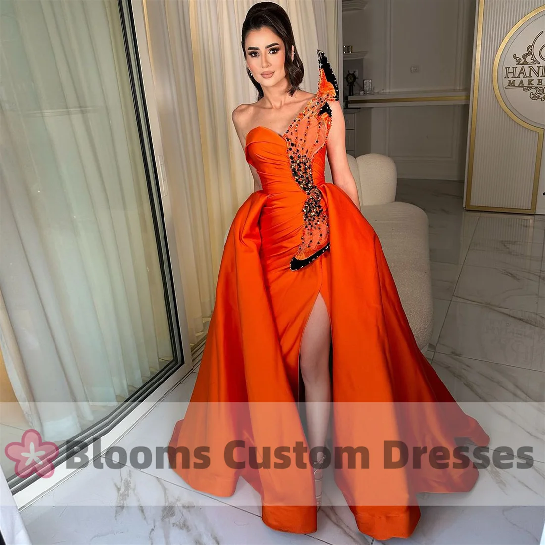 Blooms Beaded One-Shoulder Luxury Evening Dresses For Special Occasion Black Crystal Party Gown Orange Satin Prom Dresses