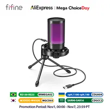 AmpliGame by FIFINE RGB USB Gaming Microphone com luz sensível ao toque mudo, microfone condensador com tripé para PC, PS4/5, laptop Streaming-A2