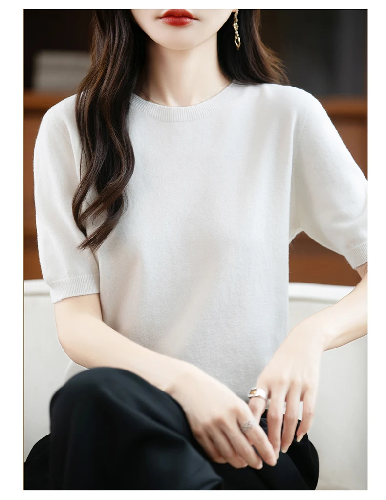 First-Line Ready-To-Wear Sweater Women's 100 Pure Wool Knitted Short-Sleeved T-Shirt Round Neck Thin Sweater Loose Half-Sleeve