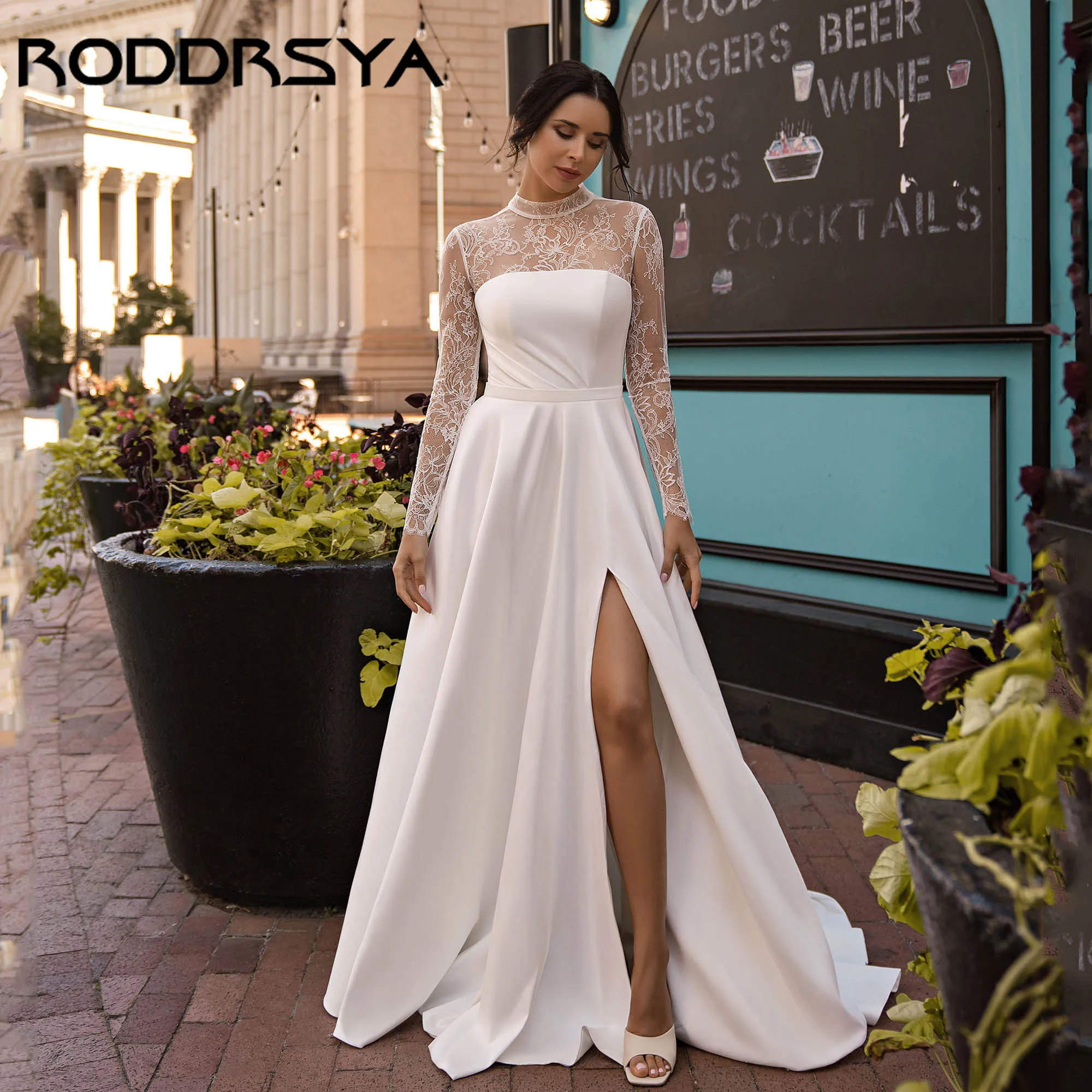 

RODDRSYA Classic Lace Satin Wedding Dresses High Neck A-line Slit Bridal Gowns Long Sleeves Simple vestidos de novia Customized
