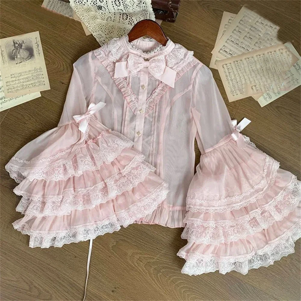 

Elegant Sweet Girl Lolita Lace Fairycore Blouse Stand Collar Bow Big Horn Sleeve Single-breasted Kawaii Pink Shirt Tops Women