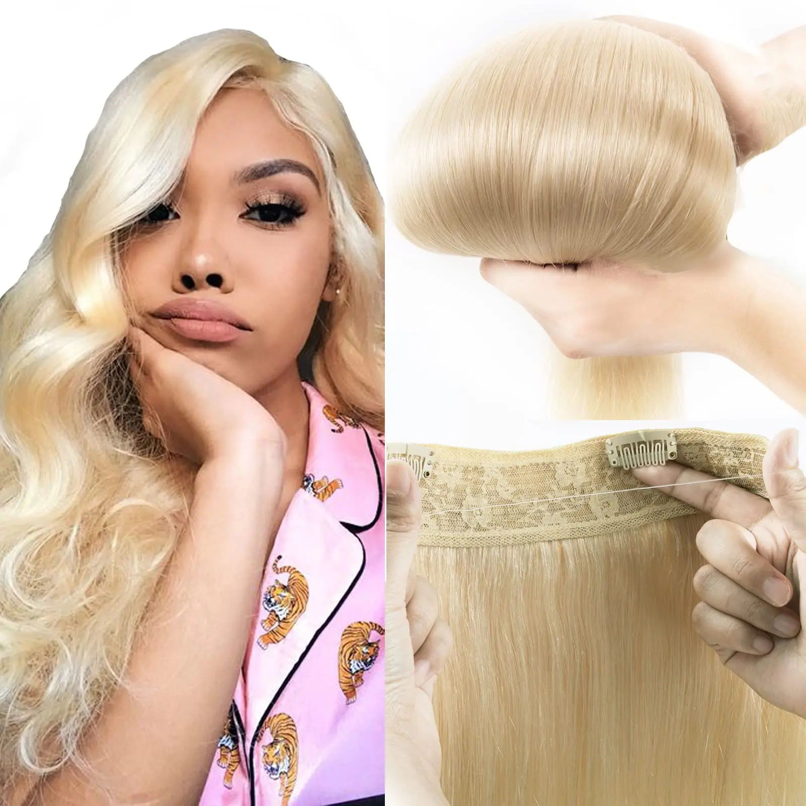 

# 613 Наращивание волос на клипсе Натуральные человеческие волосы на проволоке Цельный зажим для наращивания волос с невидимой рыбьей леской