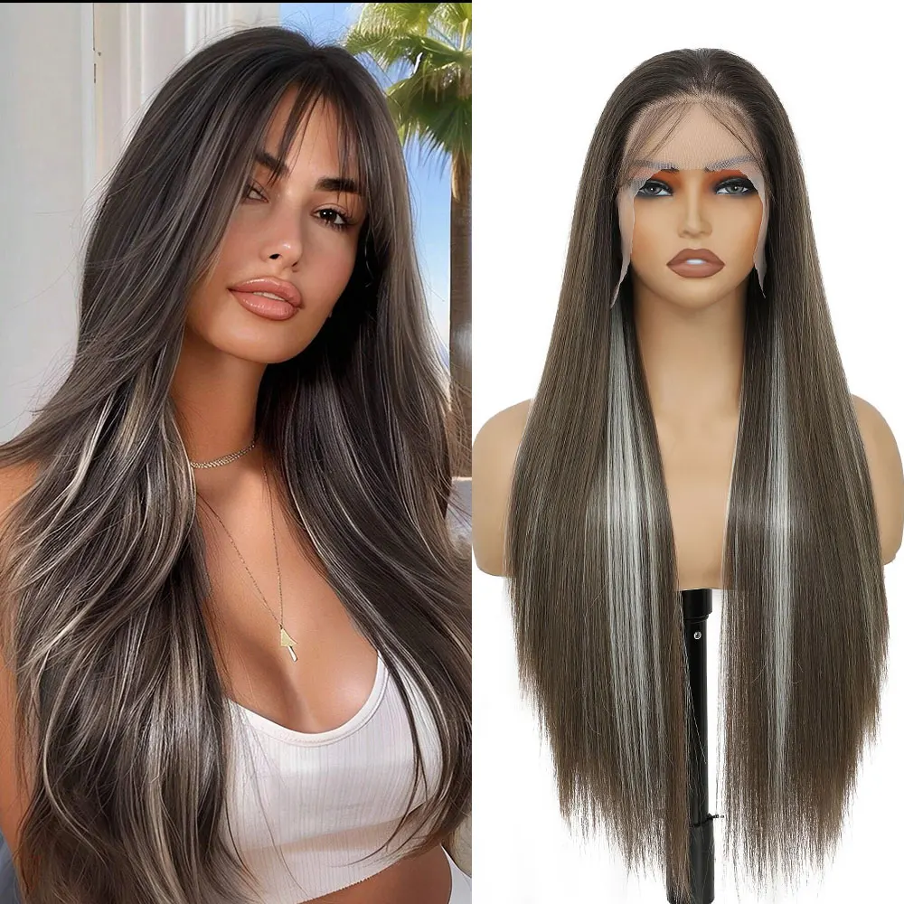 

30-дюймовые прямые парики с прозрачной кружевной передней частью 13x4, 300 г, синтетические, с серыми прядями, термостойкие, для косплея