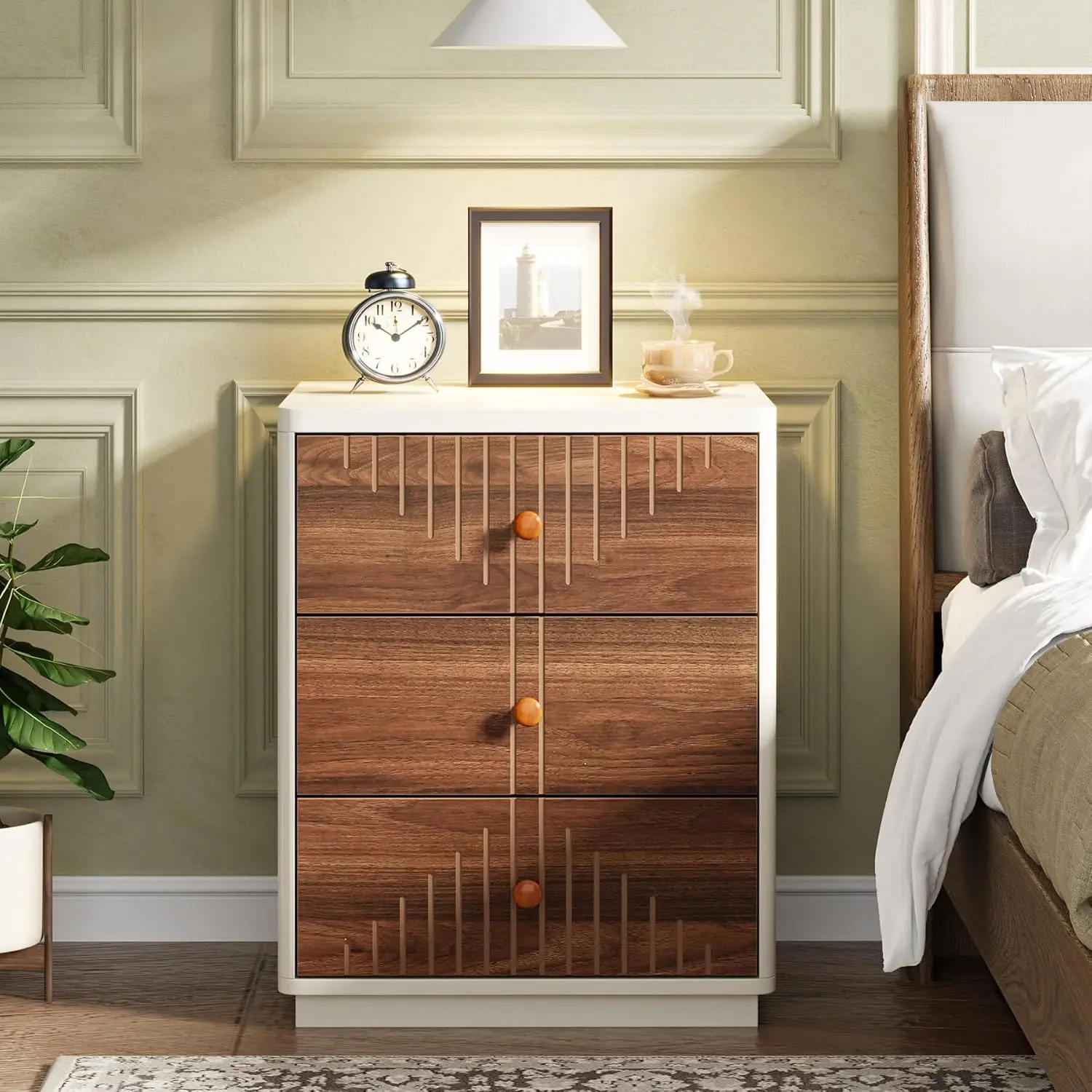 Modern White Walnut 3-Drawer Nightstand - Bedroom End Table with Wood Knobs, 25-Inch Tall - Elegant Storage Solution