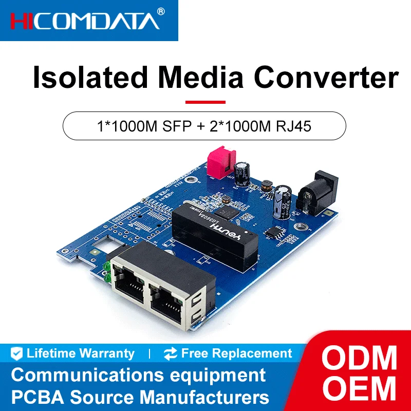 HICOMDATA 1000M Fiber Optic Converter Gigabit 2 Rj45 1 Sfp Bidi 20km Sc Port Optical Network Media Transciever PCBA