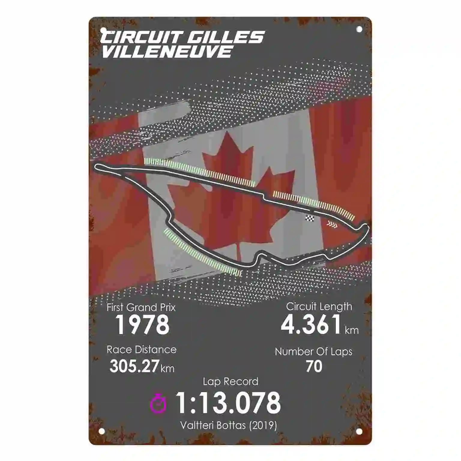 2D FLAT 1pc Circuit Gilles Villeneuve Canadian Flag Racing Track Metal Wall Sign Decoration for Home Garage Office And Garden