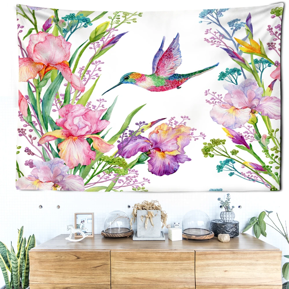 Morning Glory And Hummingbird Tapestry Wall Hanging Natural Art Landscape Animals Modern Style Bohemian Living Room Home Decor