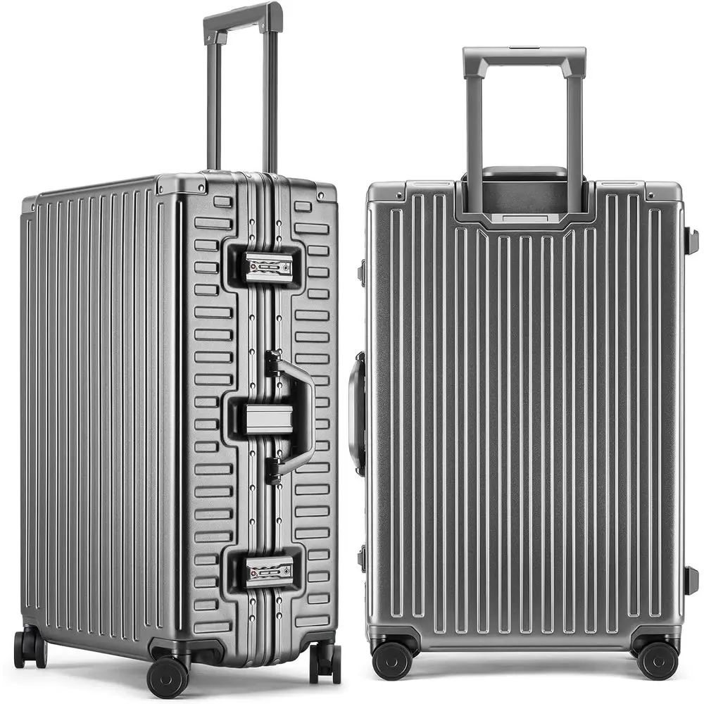 

28 Inch Large 3-Layer PC Hard Shell Suitcase with Spinner Wheels, TSA Locks, Gray