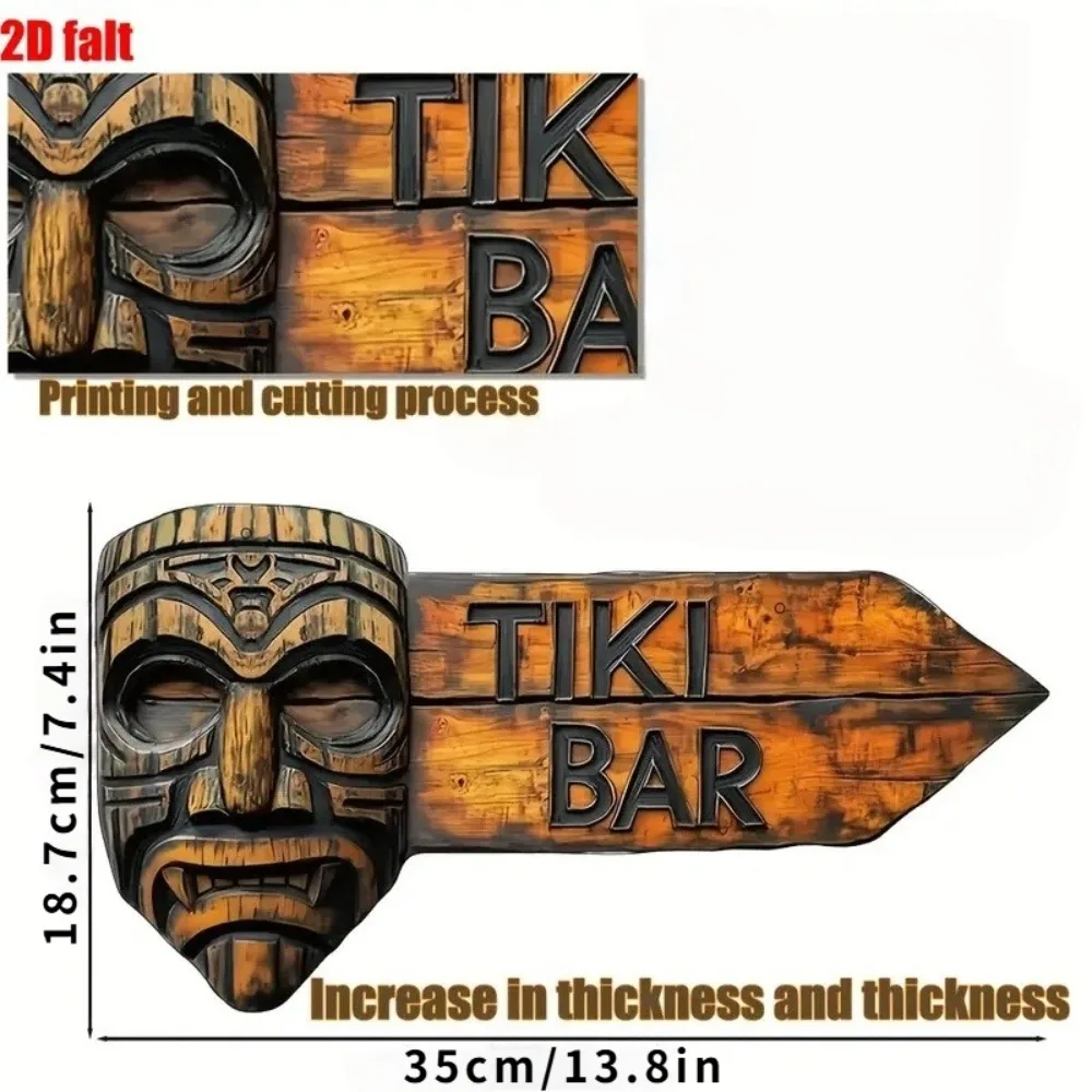 Tiki Bar Arrow Sign 2D Flat Acrylic Wall Plaque Vintage Wooden Texture Tiki Mask Wall Decor Beach Bar Pub Home Hanging Sign